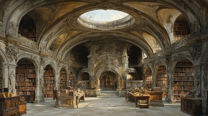 Fototapeta premium A 3D digital illustration of an old library with neatly shelved antique books on wooden shelves, capturing a nostalgic and scholarly atmosphere