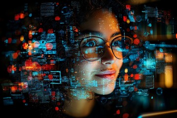 A cheerful student with a digital tablet stands in a library, beaming broadly, amidst shelves packed with books