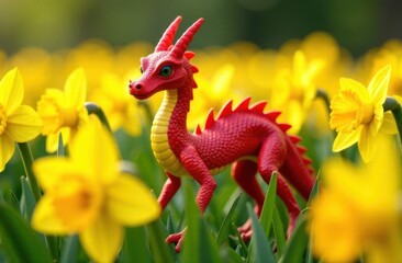 red dragon toy amidst vibrant yellow daffodils symbolizing st. david's day celebration. springtime floral scene highlighting welsh holiday tradition. greeting card, poster.