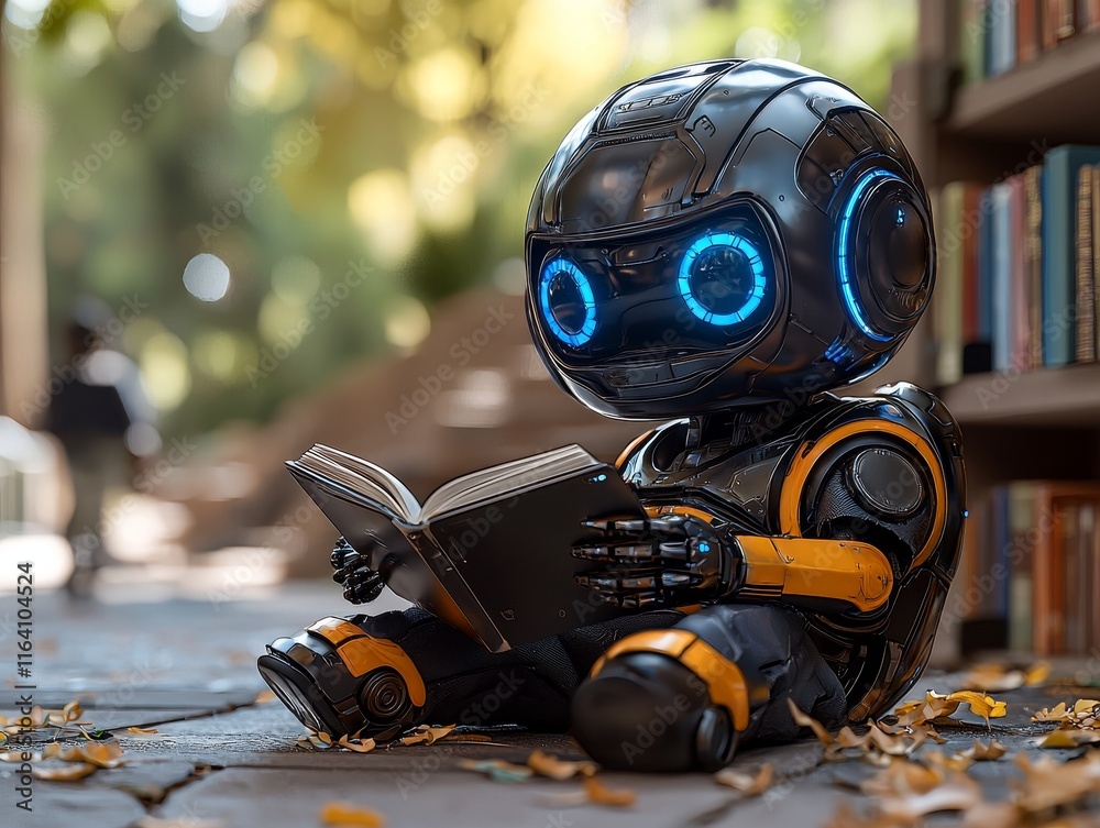 Poster a modern robot in the library reads books, engaging in ai research for the development of robots and