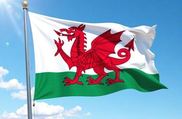 bright welsh flag with red dragon waving in blue sky with sun rays. symbol of wales. st davids day celebration. national pride concept. greeting card, poster.