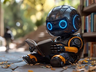 A modern robot in the library reads books, engaging in AI research for the development of robots and cyborgs for the future