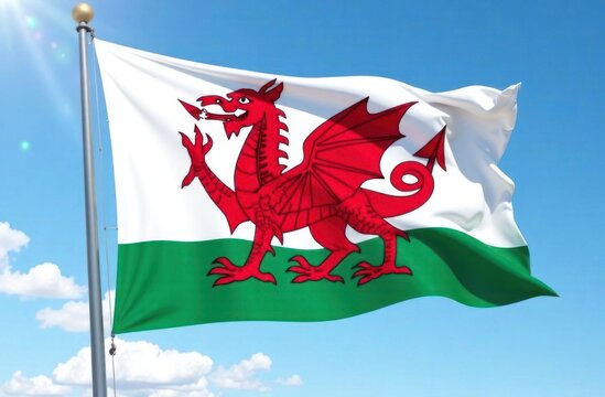 bright welsh flag with red dragon waving in blue sky with sun rays. symbol of wales. st davids day celebration. national pride concept. greeting card, poster.