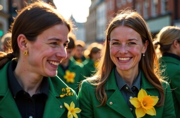 smiling young women wearing green jackets with daffodil flowers in lively street. st david's day celebration. welsh culture. holiday gathering. festive event poster
