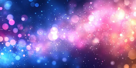 A vibrant cosmic background with colorful bokeh effects and starry elements.