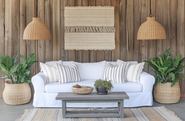 Cozy Outdoor Patio with White Sofa, Woven Decor, and Wood Wall