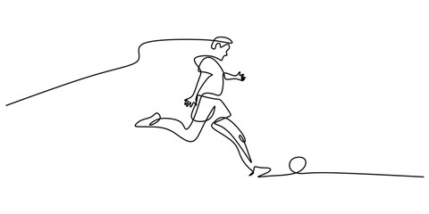 Continuous Line Drawing of Person Kicking Soccer Ball. Emphasizing Physical Activity and Teamwork