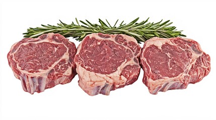 Fototapeta premium Raw Beef Cuts with Fresh Rosemary Herb Isolated on White Background