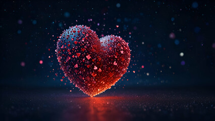 A red heart shaped out of tiny sparkling gemstones, shining brightly against a dark blue night sky filled with twinkling stars. Surrounding it are soft light trails of pink and purple hearts.