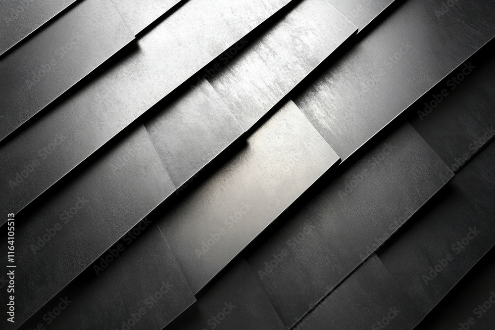 Poster abstract arrangement of dark, textured panels with varying angles and light reflections.