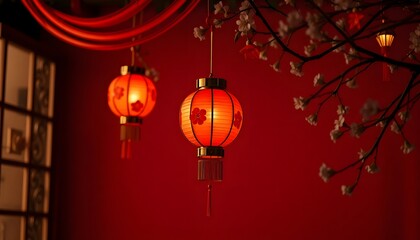 Chinese New Year Red Lantern and Blossoms on red background with copy space for text, spring festivals