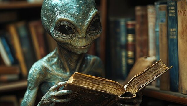 A vast, well-lit library with shelves crammed with books provides the backdrop as a futuristic, blue-skinned alien reads an ornate volume, underscoring the scholarly setting and the alien's thirst