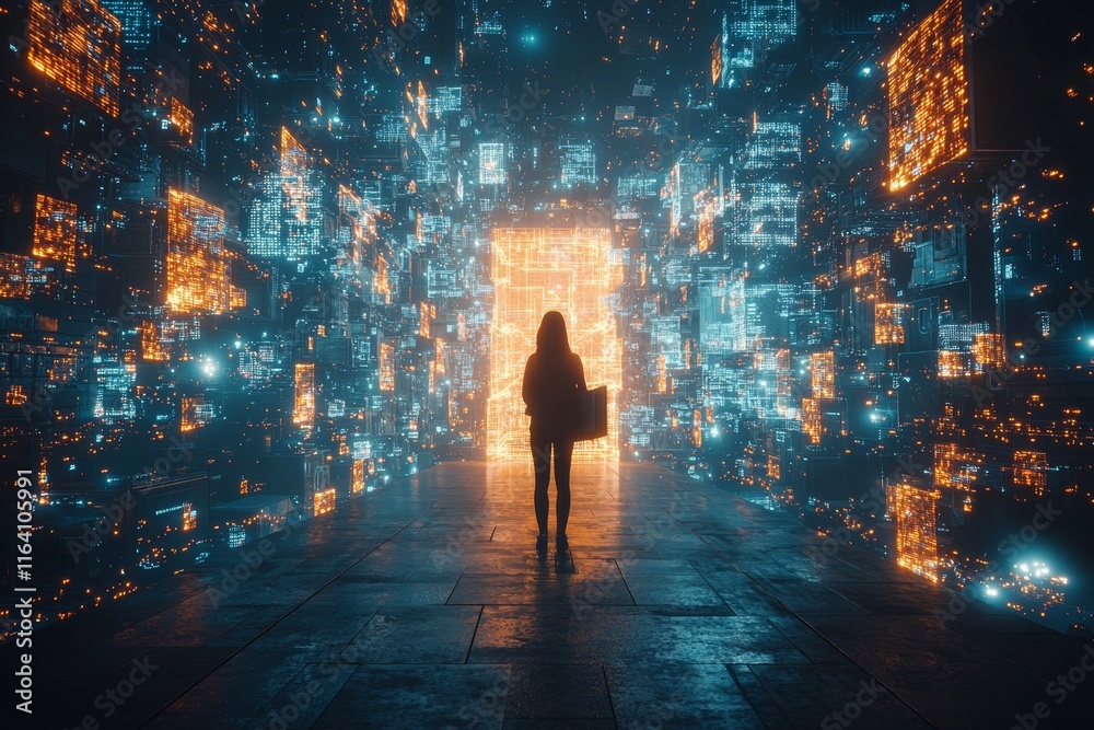 Poster surrounded by floating pages of data and code, a person is situated in the middle of an infinite dig
