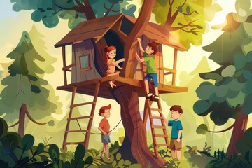 Fun Moments in a Treehouse with Siblings in Cartoon Style