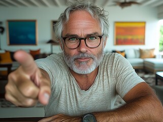 A busy adult male engages in a video call conference, pointing at the screen as seen from the camera view. Individuals communicate online through webcam on a laptop or smartphone. This scenario