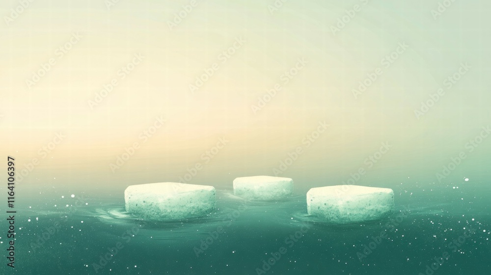 Poster Three ice blocks floating in calm water, set against a soft gradient background.