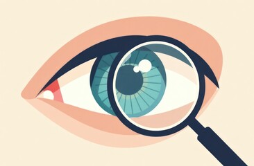 abstract illustration of eye with magnifying glass highlighting iris on beige background. world glaucoma day. eye health awareness. educational materials, medical articles.