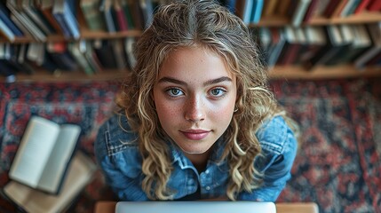 Obraz premium With her laptop open, the student reads diligently in the library's warm, educational setting, a place suited for learning