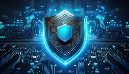 A futuristic shield symbolizing cybersecurity, set against a backdrop of glowing circuits and digital elements.