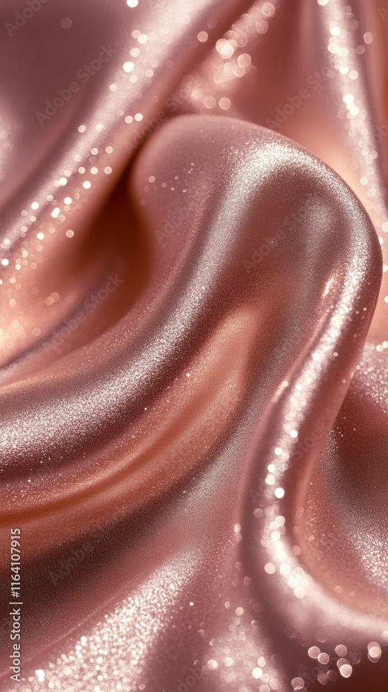 Poster a close-up of shimmering rose gold fabric, showcasing its smooth texture and sparkling finish.
