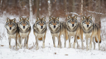 Fototapeta premium Herd of wolves at snow