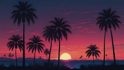 Naklejka premium Vibrant Sunset with Palm Trees and Majestic Mountains in the Background, Creating a Tranquil Tropical Scene