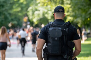 A police officer stands watch in a vibrant park setting, demonstrating vigilance and community engagement amid a backdrop of relaxation and outdoor activity.
