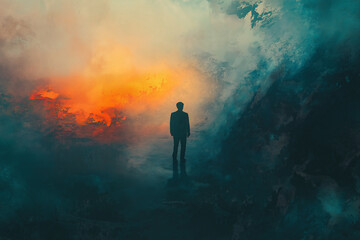 Obraz premium Silhouette of a man on abstract sunset background 