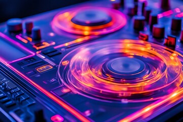 Close-up of illuminated DJ mixer with glowing controls.