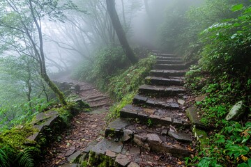Obraz premium Serene Misty Forest Pathway with Stone Steps and Lush Greenery