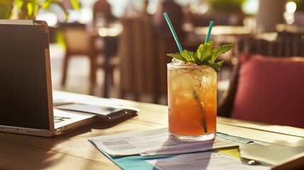 Iced drink with mint on a table outside, next to a laptop and paperwork.