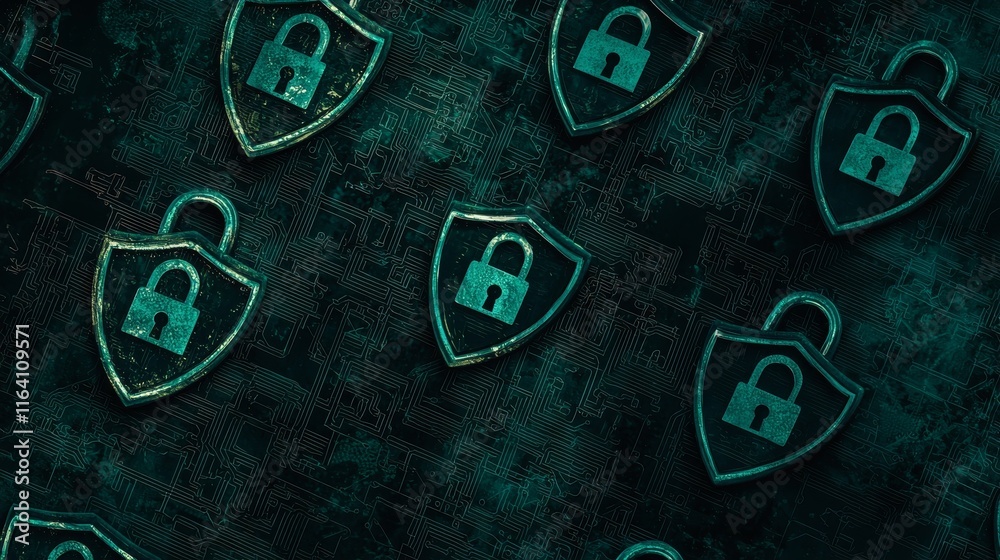 Aufkleber an abstract cybersecurity visualization featuring digital shields and encrypted data streams utilizi