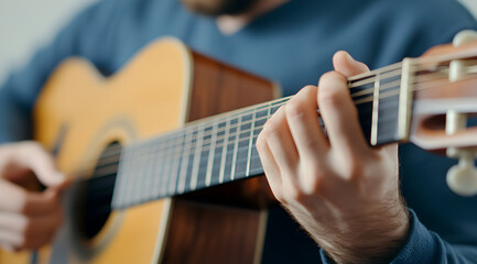 A close-up of a person playing an acoustic guitar, focusing on the hands and strings, highlighting...