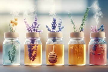 A honey jar surrounded by a selection of herbal teas, with steam rising from a teacup in the background