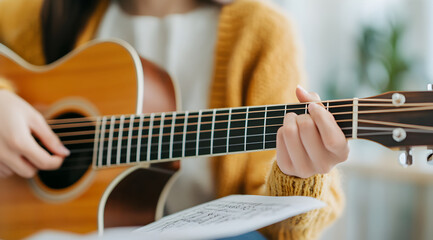 Obraz premium A person playing an acoustic guitar with sheet music on their lap, wearing a cozy sweater in a bright, softly lit environment.