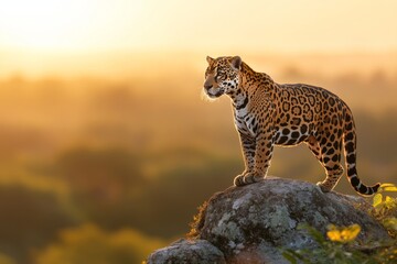 A jaguar standing majestically on a rocky outcrop, overlooking a vast rainforest at sunrise