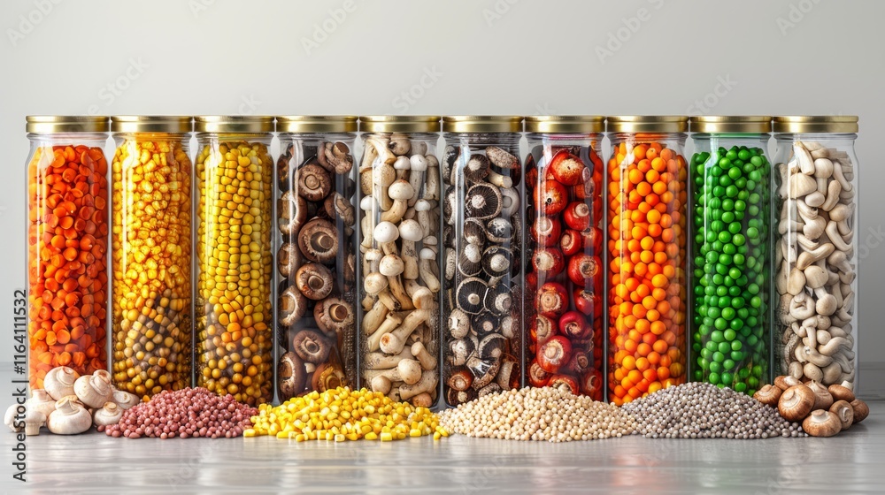 Wall mural Colorful dried foods in glass jars on wooden surface.