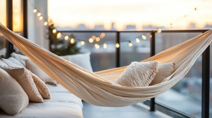 Cozy hammock on balcony at sunset with soft pillows and warm atmosphere