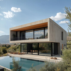Fototapeta premium A modern house, with a concrete and wood facade featuring black-framed windows, a minimalistic design, a large balcony on the roof, and a swimming pool on one side.