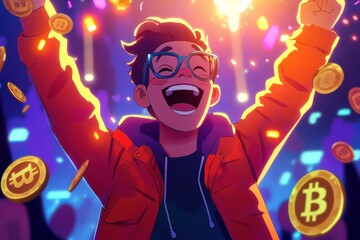 Joyful Celebration of Crypto Wealth in Cartoon Style