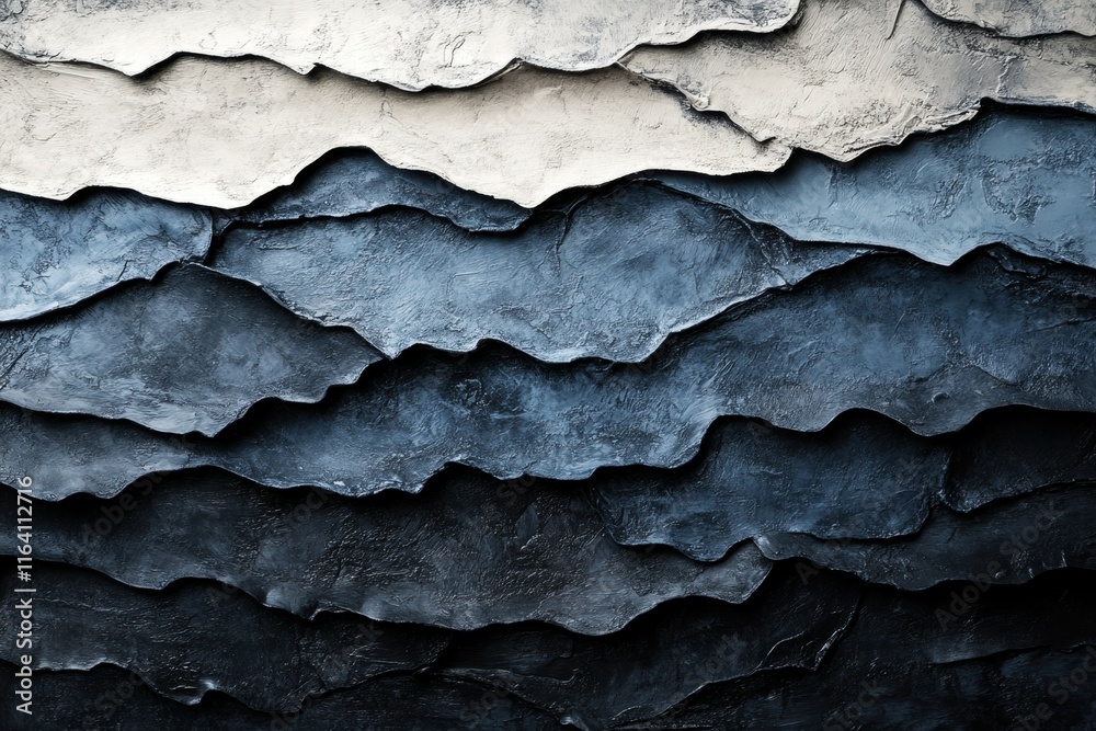 Poster abstract layered texture resembling waves in various shades of blue and gray.