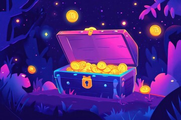 Playful 2D Design of Treasure Chest Filled with Coins