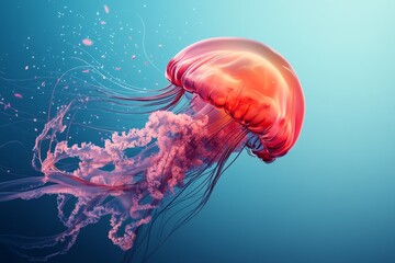 Obraz premium A minimalist design of a jellyfish with clean, flowing lines, set against a gradient blue background