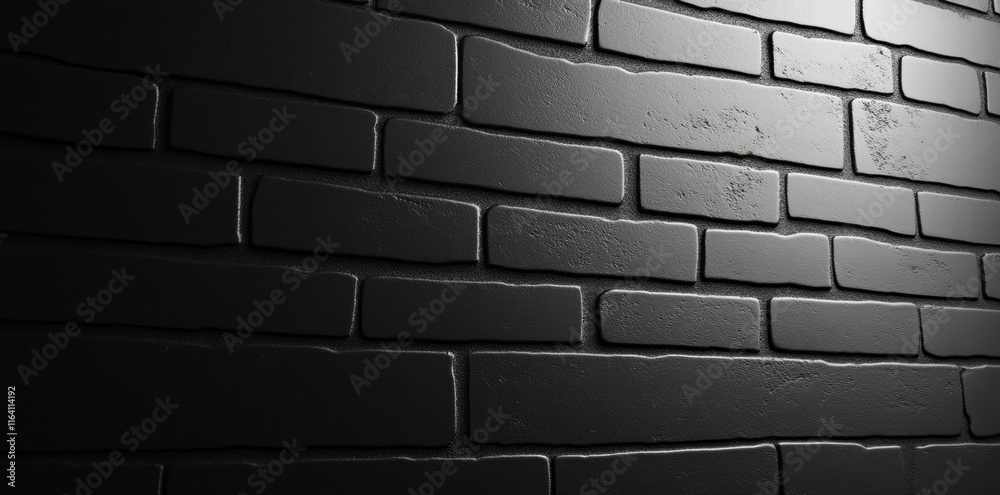 Poster a close-up view of textured black brick wall, illuminated by soft light.