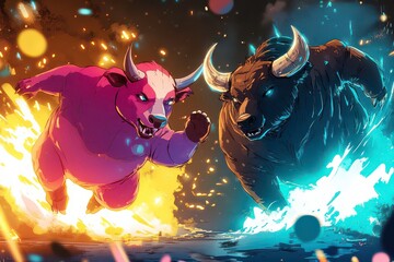 Playful Characters of Bull and Bear Fighting in Cartoon Style
