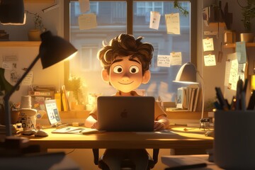 Playful Remote Worker in Whimsical Cartoon Style