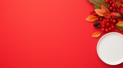 Thanksgiving Menu Layout with Red Accents Featuring Autumn Leaves, Berries, and Pine Cone on Minimalistic Red Background
