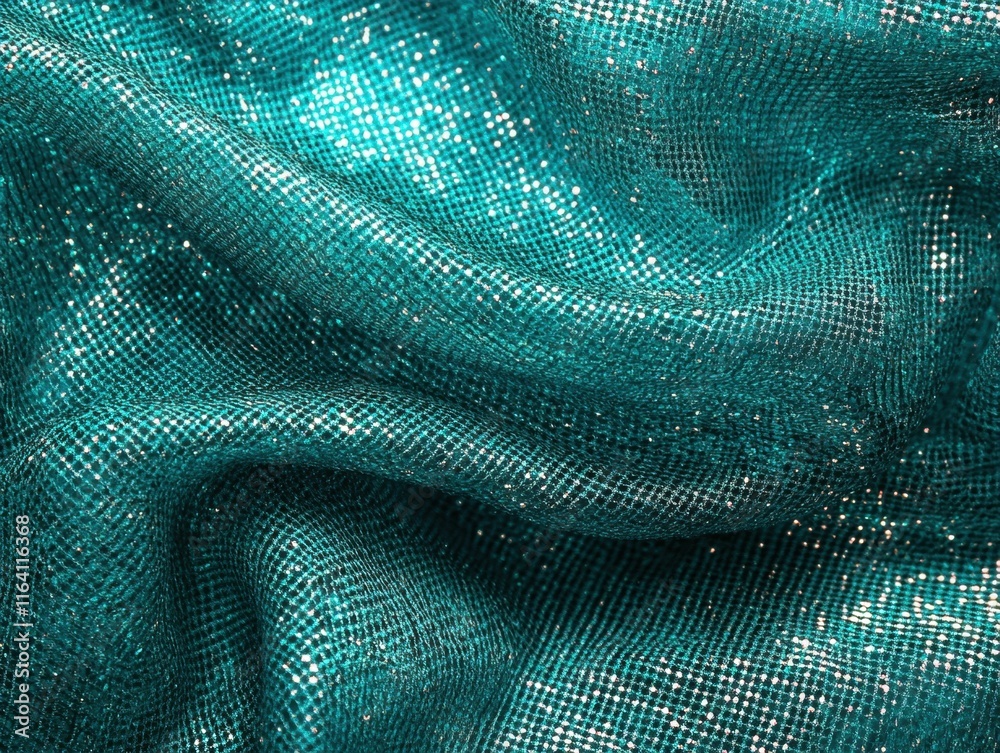 Poster a close-up of shimmering teal fabric showcasing texture and sparkle.