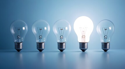 Light Bulbs in a Row with One Illuminated, Symbolizing Ideas, Creativity, Innovation, and Inspiration Against a Soft Blue Background
