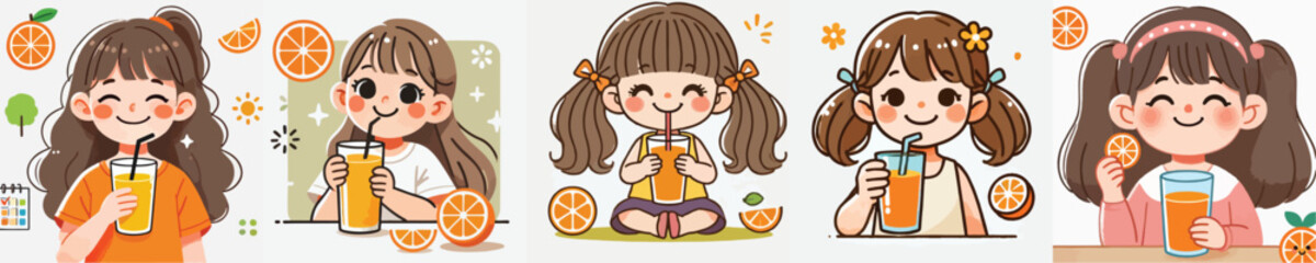 little girl vector set drinking orange juice